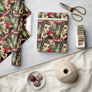 Cute Retro Goth Vampire Woman Comics Wrapping Paper