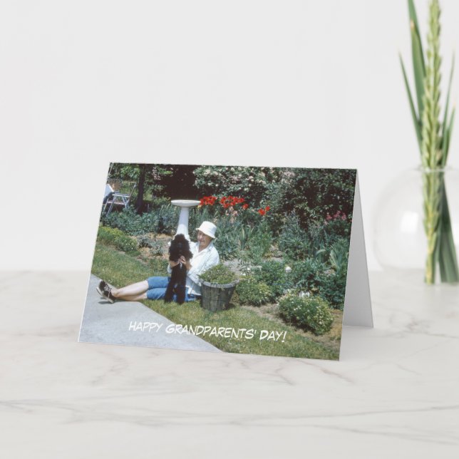 Cute Retro Grandmother in Garden with Black Poodle Card (Front)