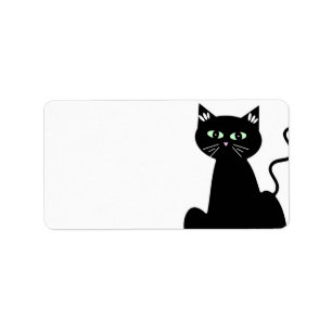 Cute Retro Green Eyed Black Cat Cartoon Label
