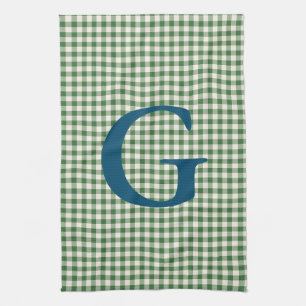Cute Retro Green Gingham Plaid Pattern Monogram  Tea Towel