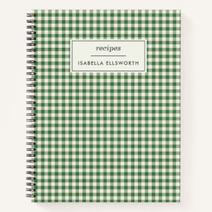 Cute Retro Green Gingham Plaid Personalised Recipe Notebook