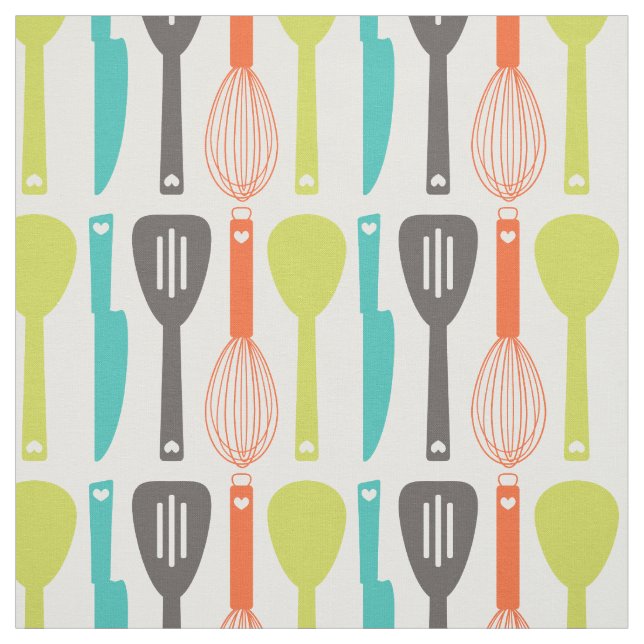 Cute Retro Green Orange Kitchen Utensils Pattern Fabric (Swatch)