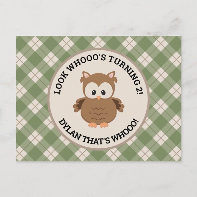 Cute Retro Green Plaid Owl Birthday Invitation Postcard (Front)