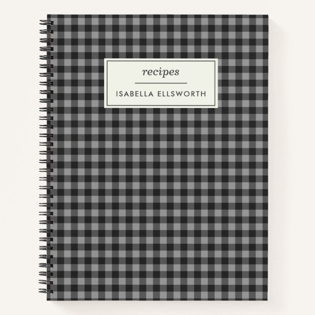 Cute Retro Grey Gingham Plaid Personalised Recipe Notebook (Front)