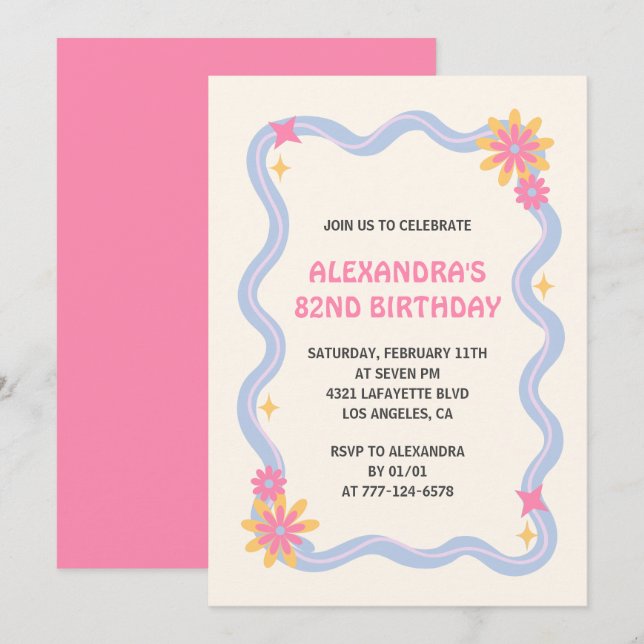 Cute Retro Groovy Pink Flowers 82nd birthday  Invitation (Front/Back)