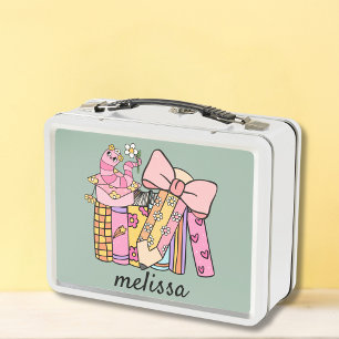 Cute Retro Groovy Pink Pencil Book Coquette Metal Lunch Box