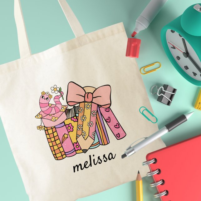 Cute Retro Groovy Pink Pencil Book Coquette  Tote Bag (Creator Uploaded)