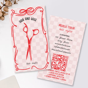 Cute Retro Hair Stylist Whimsical Doodle Red Pink Business Card
