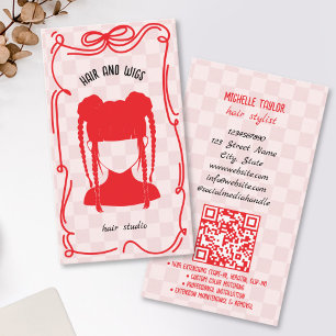 Cute Retro Hair Stylist Whimsical Doodle Red Pink Business Card