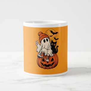 Cute Retro Halloween Ghost Pumpkin Our Family Thro Large Coffee Mug