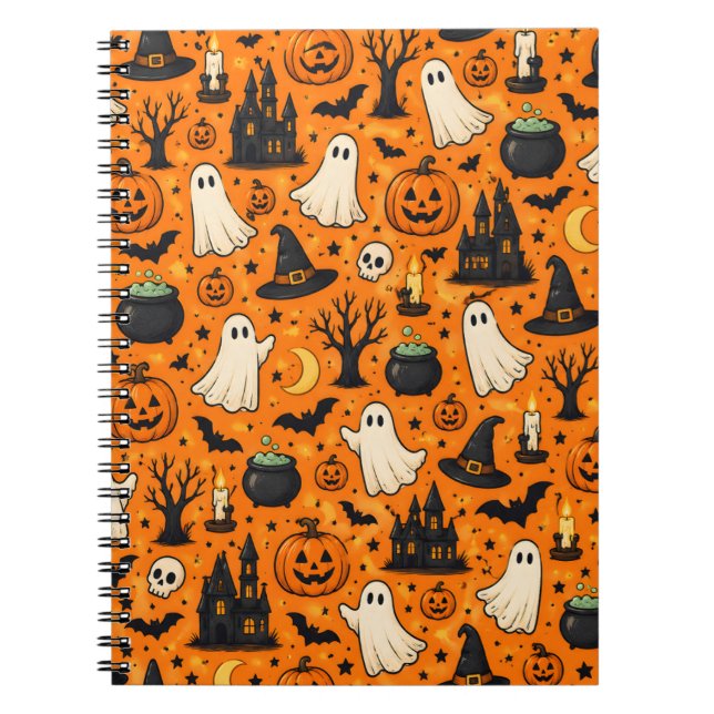 Cute Retro Halloween Ghosts & Pumpkins Notebook (Front)