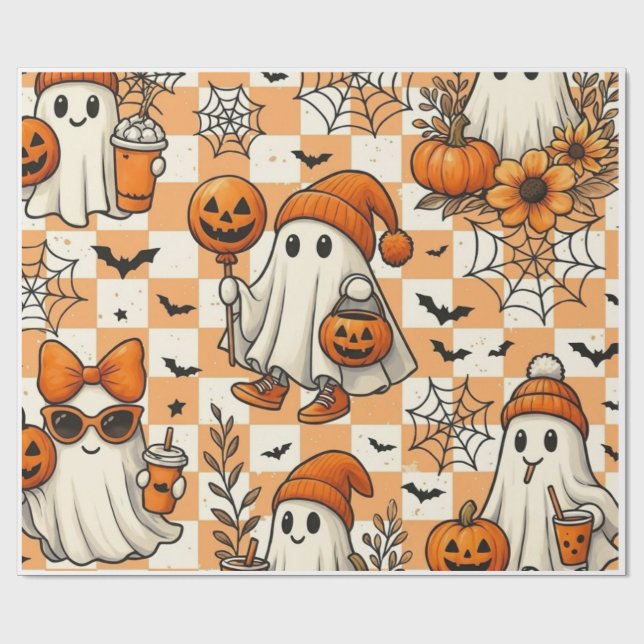 Cute Retro Halloween Ghosts Wrapping Paper (Flat)