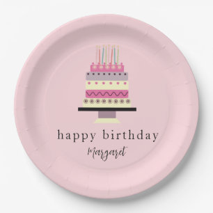 Cute Retro Hand-Illustrated Girly Pink Birthday Paper Plate