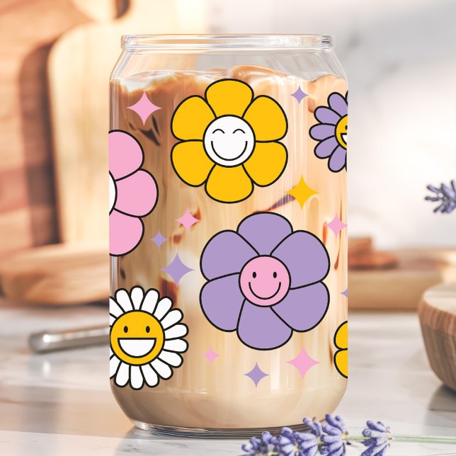 Cute Retro Happy Daisy Flowers Can Glass (Creator Uploaded)