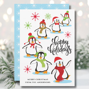 Cute Retro Happy Holidays Penguins Blue Holiday Card