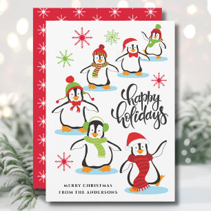 Cute Retro Happy Holidays Penguins Red Holiday Card