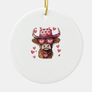 Cute Retro Highland Cow Cowboy Hat Heart Valentine Ceramic Ornament
