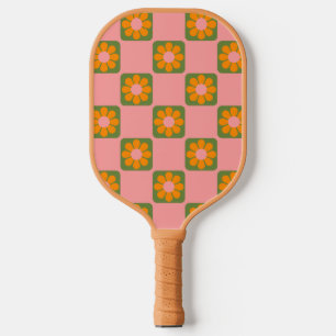 Cute Retro Hippie Flower Chequerboard Pink Green   Pickleball Paddle