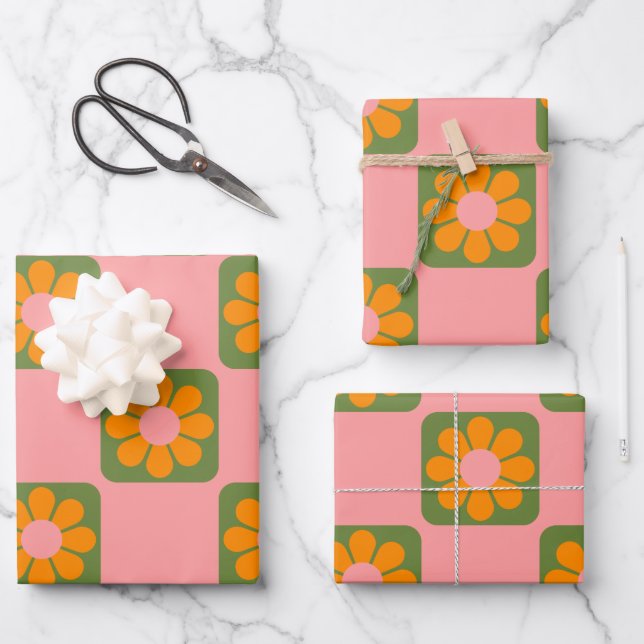 Cute Retro Hippie Flower Chequerboard Pink Green Wrapping Paper Sheet (Front)