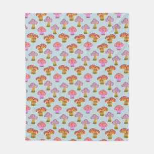 Cute Retro Hippie Mushroom Pattern in Pastel Blue  Fleece Blanket