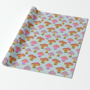 Cute Retro Hippie Mushroom Pattern in Pastel Blue Wrapping Paper