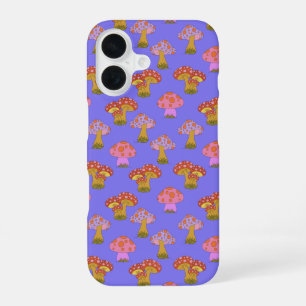 Cute Retro Hippie Mushroom Pattern in Purple iPhone 16 Case