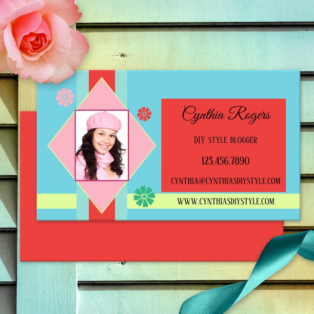 Cute Retro Hobby Photo Blogger Business Card (Business card featuring your own photo framed by a retro design in pastel colors with red)