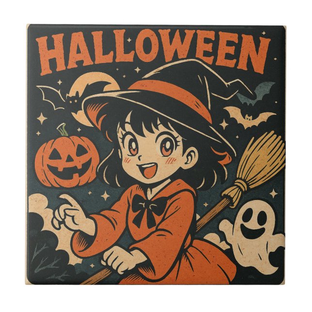 Cute retro Japanese cartoon Halloween Ceramic Tile (Front)