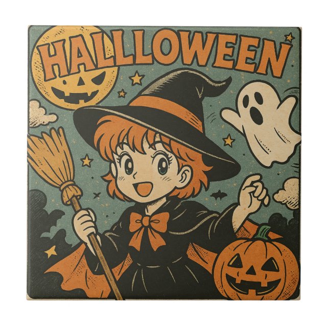 Cute retro Japanese cartoon Halloween Ceramic Tile (Front)