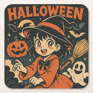 Cute retro Japanese cartoon Halloween Square Paper Coaster