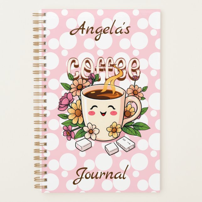 Cute Retro Kawaii Coffee and Flowers Personalised Planner (Front)