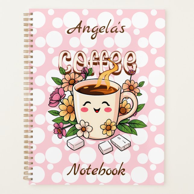 Cute Retro Kawaii Coffee and Flowers Personalised Planner (Front)