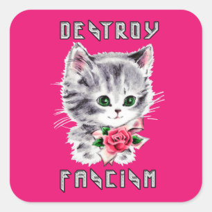 Cute Retro Kitten - Destroy Fascism Square Sticker