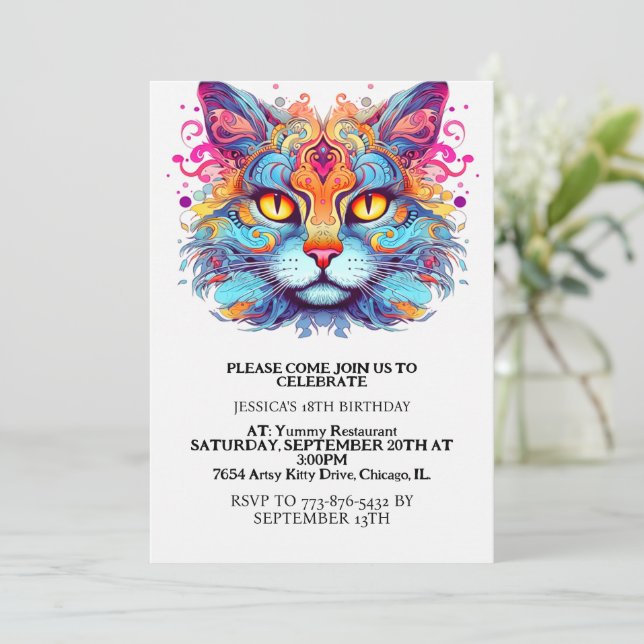 Cute Retro Kitty Cat Birthday Party Invitation (Standing Front)