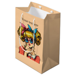 Cute retro lady add text  medium gift bag