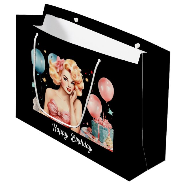 Cute retro lady Happy Birthday customisable  Large Gift Bag (Front Angled)