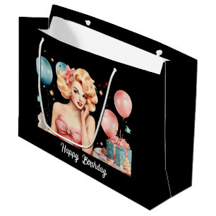 Cute retro lady Happy Birthday customizable  Large Gift Bag