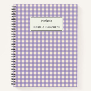 Cute Retro Lilac Gingham Plaid Personalised Recipe Notebook