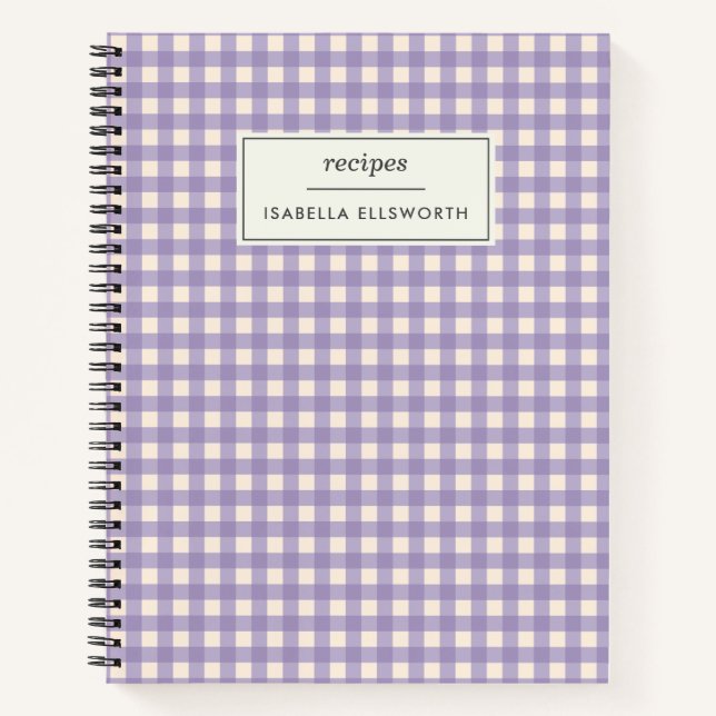 Cute Retro Lilac Gingham Plaid Personalised Recipe Notebook (Front)