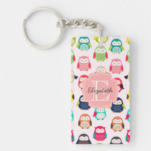 Cute Retro Litte Owls Monogrammed Key Ring