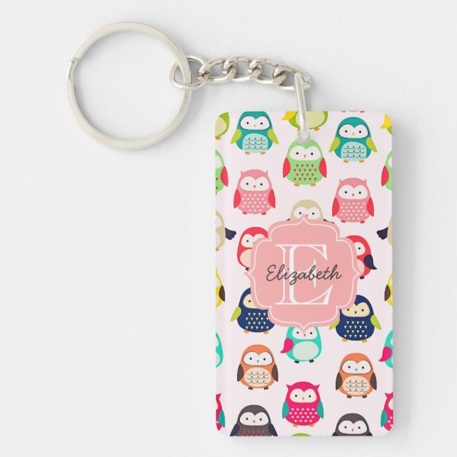 Cute Retro Litte Owls Monogrammed Key Ring (Front)