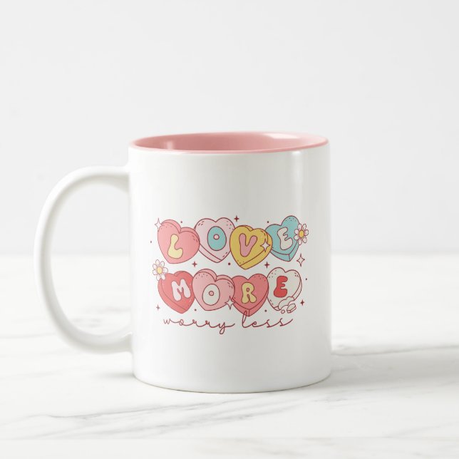 Cute Retro Love More, Worry Less Coffee Mug (Left)