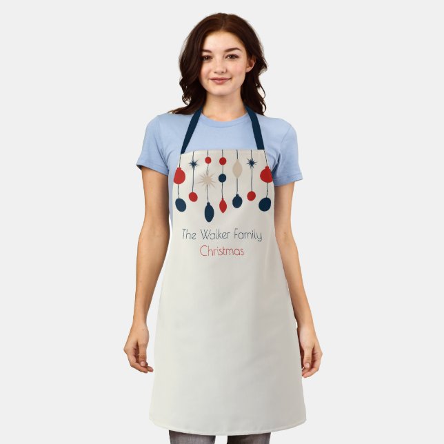 Cute Retro Merry Christmas Red Blue Ornaments Apron (Worn)