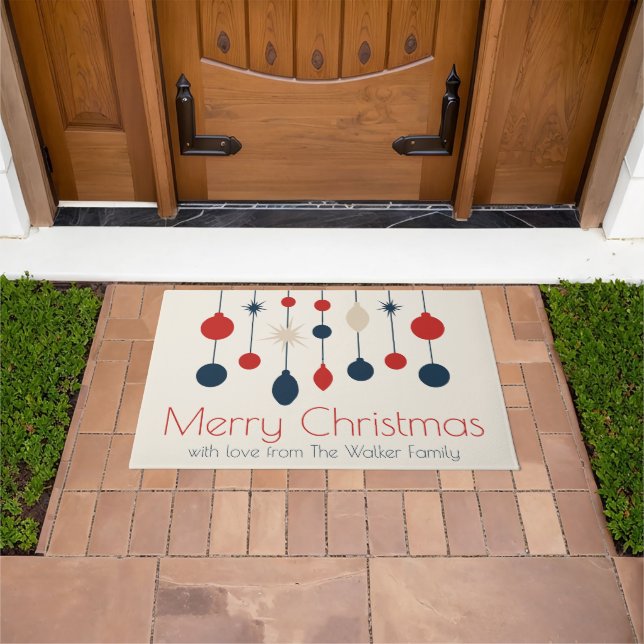 Cute Retro Merry Christmas Red Blue Ornaments Doormat (Outdoor)