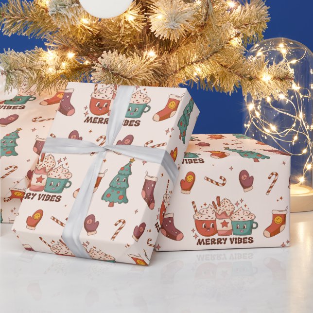 Cute Retro Merry Vibes Christmas Kawaii Pattern Wrapping Paper (Holidays)