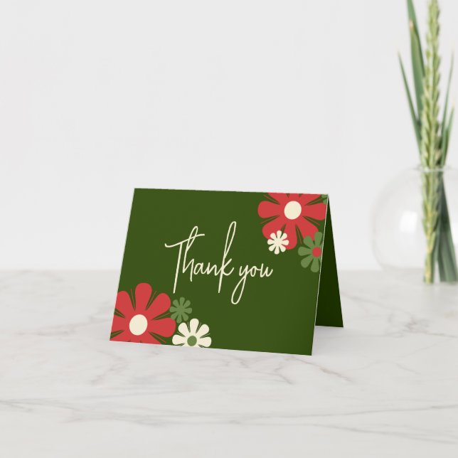 Cute Retro Modern Floral Christmas Colours Thank You Card (Front)