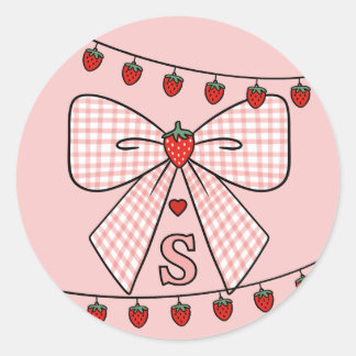 Cute Retro Monogram Initials Strawberry Coquette Classic Round Sticker