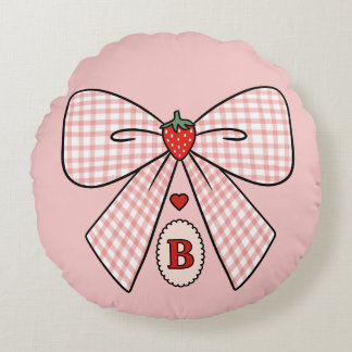 Cute Retro Monogram Initials Strawberry Coquette Round Cushion