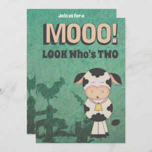 Cute Retro MOOO! LOOK Who's Two Cow Farm Birthday Invitation