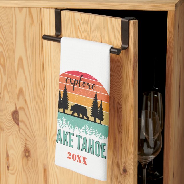 Cute Retro Mountain Lake Tahoe Souvenir Tea Towel (Thirds Fold)